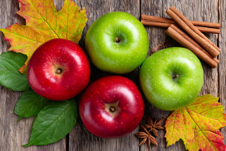 Red and green apples, cinnamon sticks, and star anise on rustic wooden backgroundの素材
