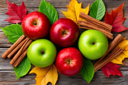 Fresh red and green apples with cinnamon sticks and fall leaves on rustic woodの素材