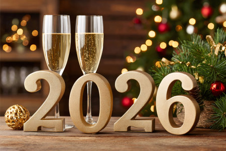 Golden 2026 numbers celebrating new year with champagne flutes and festive lightsの素材