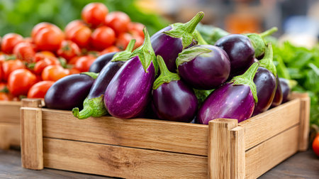 Fresh eggplants and tomatoes displayed in rustic wooden crates at a marketの素材