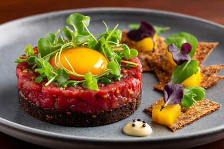 Gourmet steak tartare forming a restaurant appetizer, topped with egg yolk and microgreensの素材