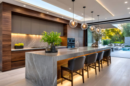 Modern kitchen with a large marble island opening to a luxurious outdoor patio areaの素材