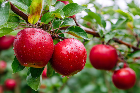 Fresh red apples growing on a tree branch covered in shimmering water drops after rainの素材