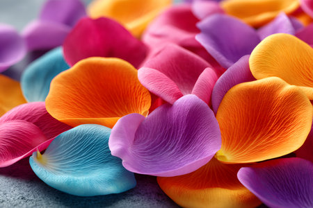 Colorful flower petals creating an intricate, vibrant background pattern with natural texturesの素材