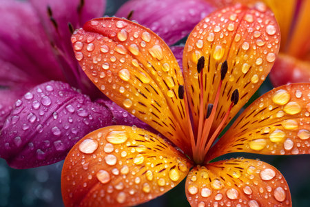 Close up view of orange and purple alstroemeria petals covered with glistening raindropsの素材