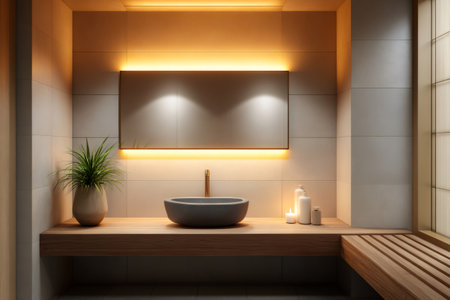 Zen inspired bathroom interior featuring a stone sink, wooden counter, and glowing candles, creating a relaxing atmosphereの素材