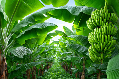 Green banana trees cultivated in rows, bearing ripening fruit bunches under clear skyの素材
