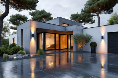 Contemporary residence featuring illuminated exterior facades and a reflective wet groundの素材