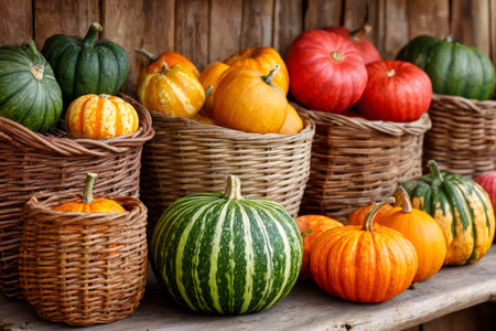 Variety of pumpkins and gourds displaying vibrant autumn colors arranged in rustic wicker basketsの素材