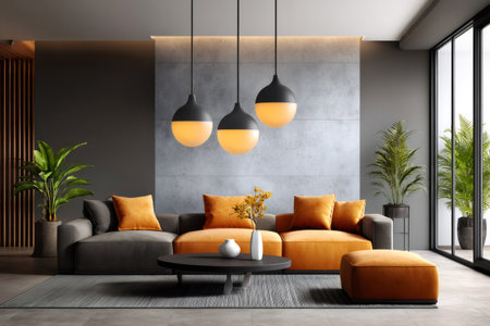 Living room interior featuring a gray sofa with orange cushions, round coffee table, and pendant lightsの素材