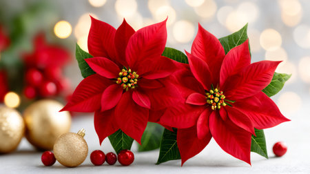 Red poinsettia flowers and gold baubles creating a festive Christmas decorationの素材
