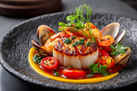 Gourmet seafood dish with pan seared scallops, shrimp, clams, cherry tomatoes, and herb sauceの素材