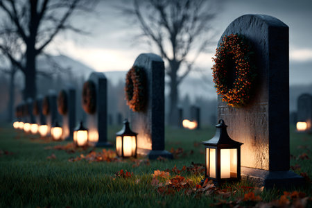 Gravestones lined with illuminated lanterns and wreaths create a somber atmosphere at duskの素材