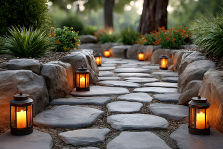 Stone stepping path illuminated by lit lanterns and candles in a landscaped gardenの素材