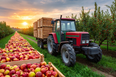 Tractor with loaded crates of fresh ripe apples lining a rural orchard path during sunsetの素材