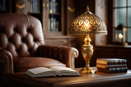 Cozy study space featuring a leather armchair, illuminated by a decorative desk lamp and window lightの素材