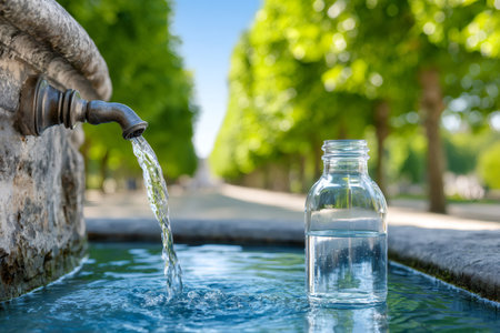 Reusable glass bottle filling with clean water from a public fountain in a parkの素材