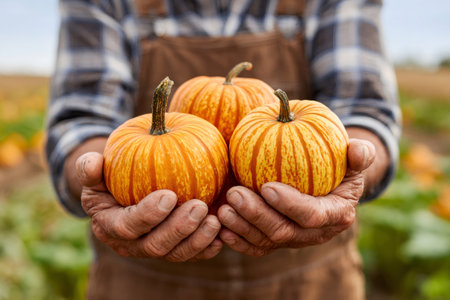 Farmer holding freshly harvested striped pumpkins, representing autumn and organic agricultureの素材
