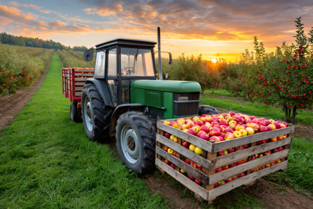 Tractor with crates full of ripe apples under a colorful evening sky in a fruit orchardの素材