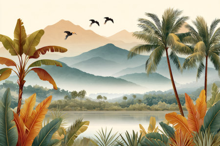 Lush tropical jungle landscape featuring a calm lake, distant mountains, and exotic birdsの素材