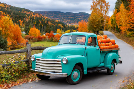 Teal vintage truck parked on a rural road filled with autumn pumpkinsの素材