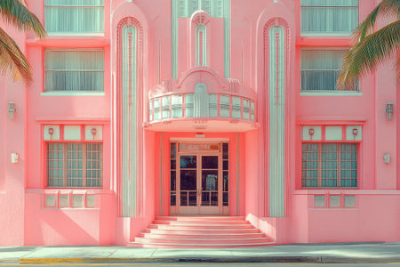 Pink and green pastel colored art deco style building facade with stairs and glass door in Miami, Floridaの素材