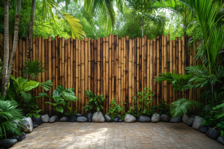 Tropical garden featuring a bamboo fence, offering privacy and tranquility amidst lush greeneryの素材