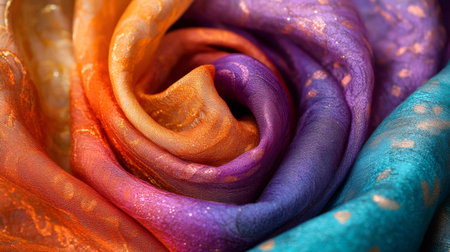 Close up of colorful, textured fabric in a spiral patternの素材