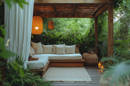 Inviting lounge area surrounded by lush greenery and soft ambient lightingの素材