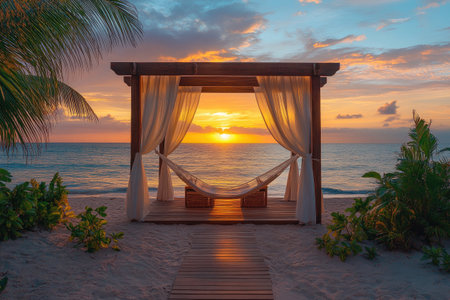 White hammock hanging under wooden canopy with white curtains overlooking beautiful sunset over tropical beachの素材