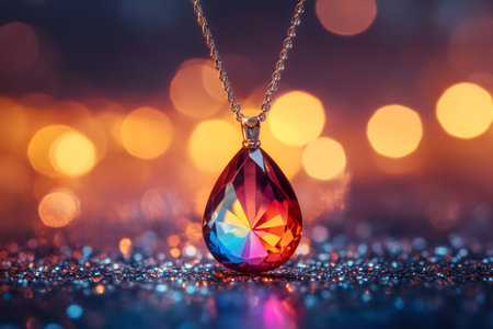 Precious teardrop shaped crystal pendant gleaming on a sparkling surface, illuminated by a warm, enchanting bokeh backgroundの素材