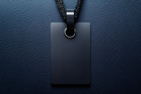 Blank black rectangular vertical badge with lanyard on dark blue leather backgroundの素材