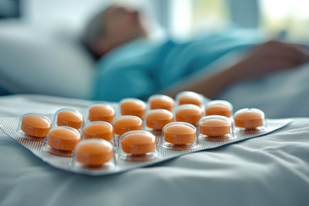 Close up of medication beside a person resting in bedの素材