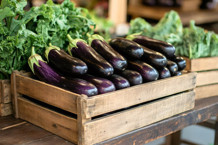 Vibrant purple eggplants and leafy green kale sit in wooden crates, ready for sale at a local farmers marketの素材