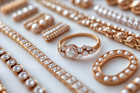 Elegant jewelry pieces showcasing craftsmanship and luxury, featuring a rose gold ring and bracelets embellished with sparkling diamonds and lustrous pearlsの素材