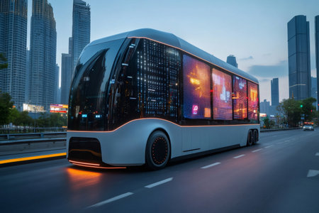 Futuristic self-driving bus is transporting passengers in a smart city, showcasing innovative transportation solutionsの素材