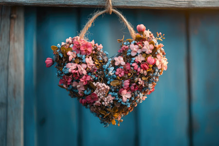 Colorful heart shaped wreath hanging on aged blue wooden surfaceの素材
