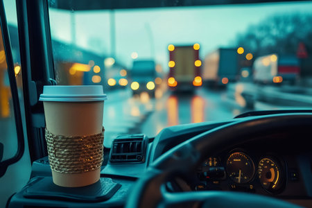 Cardboard cup of coffee inside a truck cab with blurred traffic in the backgroundの素材