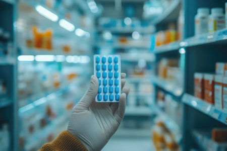 Pharmacist is holding a blister pack of blue pills inside a pharmacyの素材