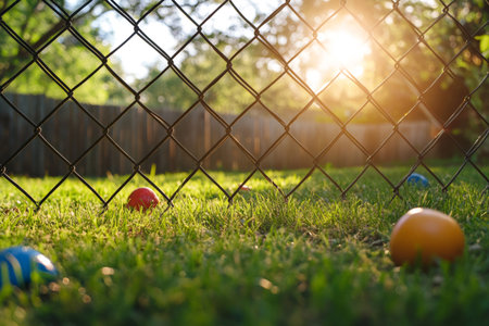 Easter eggs are lying in the grass behind a chain link fence with sunset light shining throughの素材