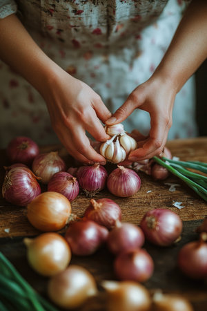 Chef is holding garlic bulb surrounded by onions and spring onions on wooden table, preparing ingredients for cookingの素材