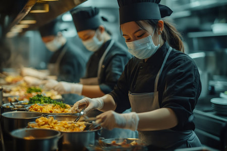 Chefs wearing face masks and gloves are preparing food in a commercial kitchenの素材
