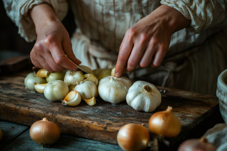 Chef preparing garlic and onions on a wooden cutting board in a rustic kitchen settingの素材