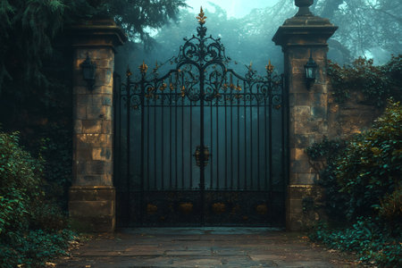 Ornate wrought iron gate with gold accents and stone pillars leading to a foggy, mysterious estate, evoking a sense of intrigue and secrecyの素材