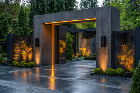 Stylish concrete gate entrance with warm lighting welcomes visitors to a modern luxury home, creating an inviting atmosphere at duskの素材
