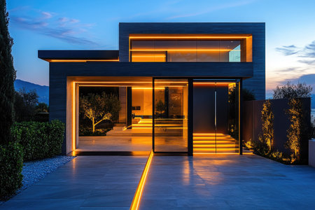 Warm orange lights highlighting the modern architecture of a luxury home at dusk, creating a welcoming ambianceの素材
