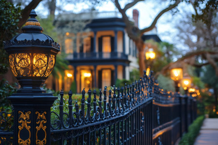 Glowing street lamp on a decorative wrought iron fence in front of a beautiful historic home at twilightの素材