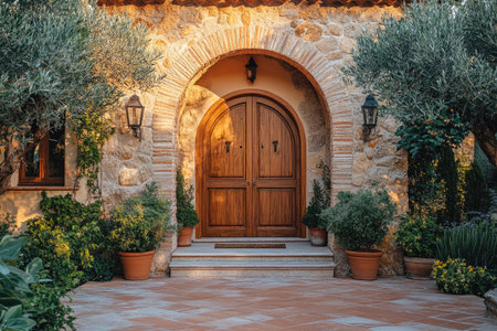 Charming entrance of a Mediterranean style house featuring a beautiful wooden door under an arch, potted plants, and stone wallsの素材