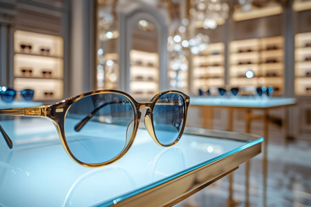 Brown sunglasses with blue lenses are displayed on a glass shelf in a brightly lit, luxurious eyewear store, showcasing high end fashion and accessoriesの素材