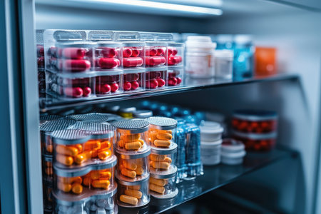 Shelves filled with different colored pills and bottles in a well organized storageの素材